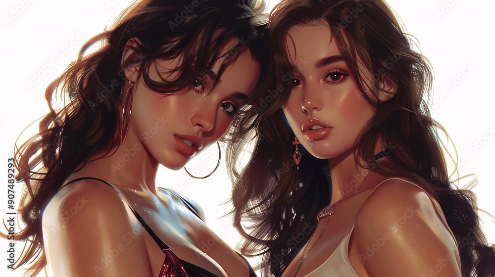 Two alluring ladies posed against a pristine backdrop. Two alluring ladies posed against a pristine backdrop.