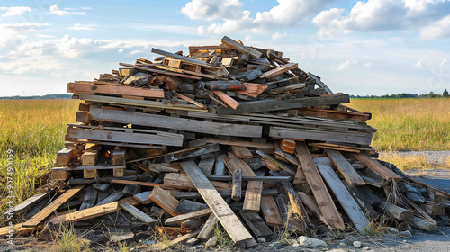 Large pile of scrap wood planks stacked haphazardly in an open field, under a blue sky with scattered clouds.