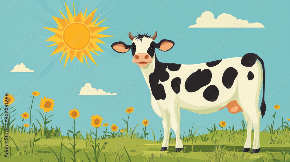 A cow stands in a meadow on a sunny day. The meadow is green and lush ...
