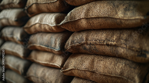 Stack of brown burlap sacks in a warehouse, showing rough texture and earthy tones