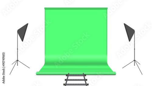 Green chromakey background with lighting elements. Front view, vector illustration.