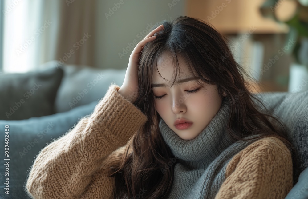 A young Asian woman with a cold, holding her head, sitting on a sofa at home A young Asian woman with a cold, holding her head, sitting on a sofa at home