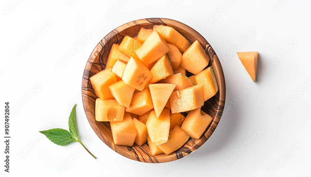 Cantaloupe melon pieces in wooden bowl isolated on white background with full depth of field. Top view. Flat lay Cantaloupe melon pieces in wooden bowl isolated on white background with full depth of field. Top view. Flat lay
