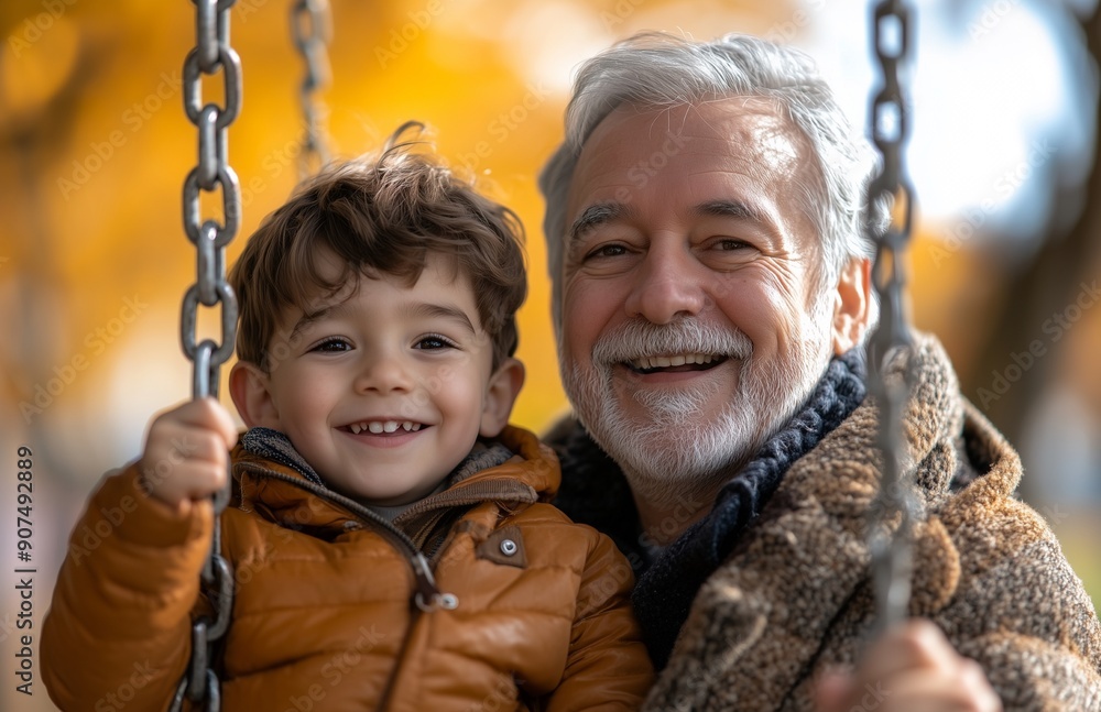 Handsome gray haired grandpa pushes his cute smiling five year old brown-haired boy on a park swing Handsome gray haired grandpa pushes his cute smiling five year old brown-haired boy on a park swing