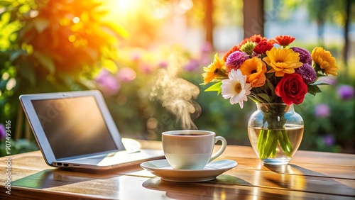 Wallpaper Mural Coffee Break Serenity: A Digital Tablet, Coffee, and Flowers in a Sunlit Cafe  AI generated Torontodigital.ca