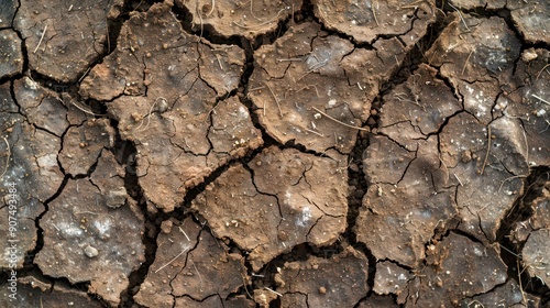 Close-up of cracked soil in a drought-stricken area during hot weather. photo