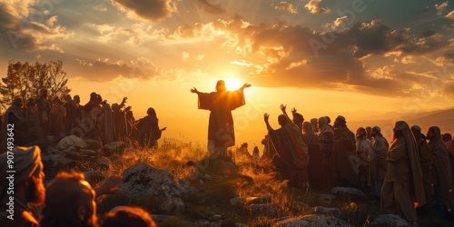 A silhouette of Jesus preaching on the hill