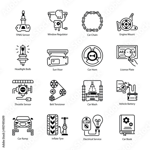 Set of Car Spare Parts Line Style Icons 

