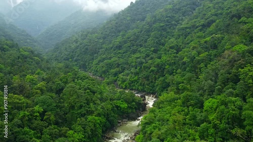 Aerial view of meghalaya cherrapunji-mawsynram reserve forest in India. the beautiful mountain and rivers of east khasi hills in meghalaya India. photo