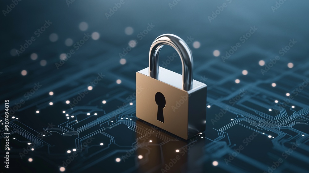 Cybersecurity: A closed padlock on a circuit board, symbolizing data protection and digital security. The image emphasizes the importance of safeguarding information in the digital age. Cybersecurity: A closed padlock on a circuit board, symbolizing data protection and digital security. The image emphasizes the importance of safeguarding information in the digital age.