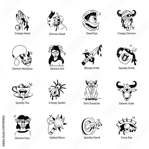 Set of Doodle Style Devil Icons

