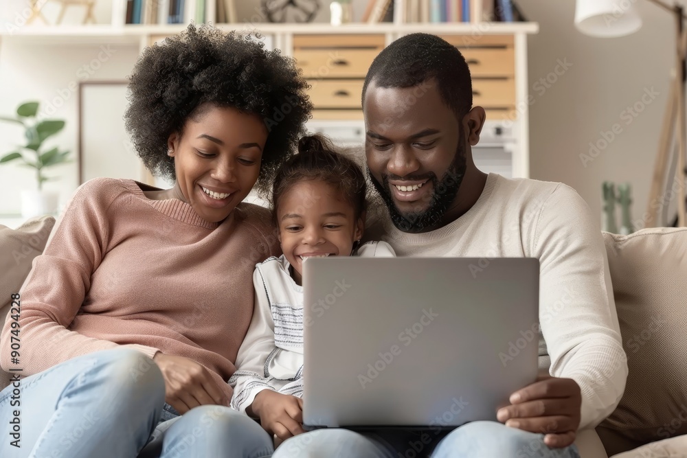 Happy African American parents and their little daughter using laptop at home, watching movie, browsing internet, sitting on couch in living room, Generative AI Happy African American parents and their little daughter using laptop at home, watching movie, browsing internet, sitting on couch in living room, Generative AI