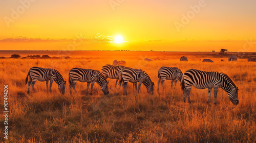 A group of zebras graze in grassy savanna as the sun rises over a South African park. photo