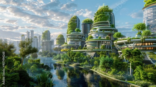 A futuristic city with tall buildings and a river running through it