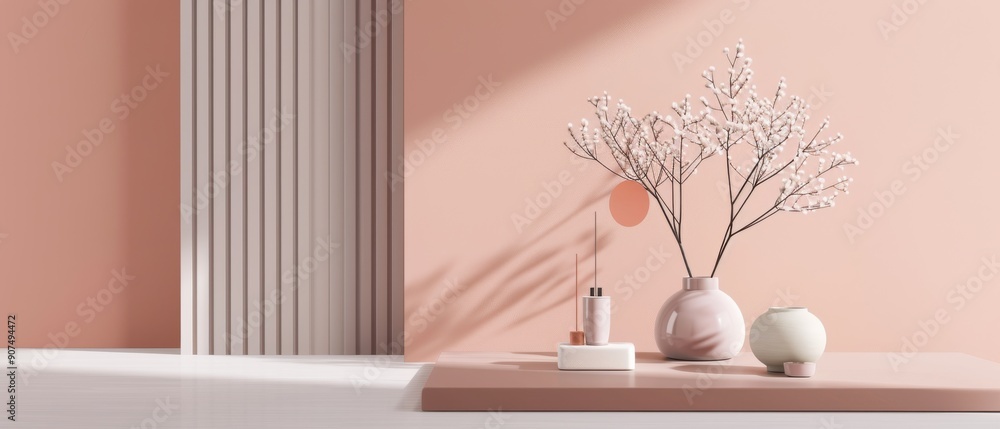 A vase with a flower in it sits on a table in front of a wall A vase with a flower in it sits on a table in front of a wall