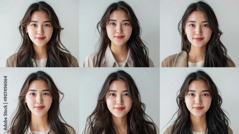 It's a six-panel collage of a very beautiful European Xinjiang woman, 25 years old, with thin lips, a pointed nose, clear skin, long dark hair, natural makeup, and a friendly demea It's a six-panel collage of a very beautiful European Xinjiang woman, 25 years old, with thin lips, a pointed nose, clear skin, long dark hair, natural makeup, and a friendly demea