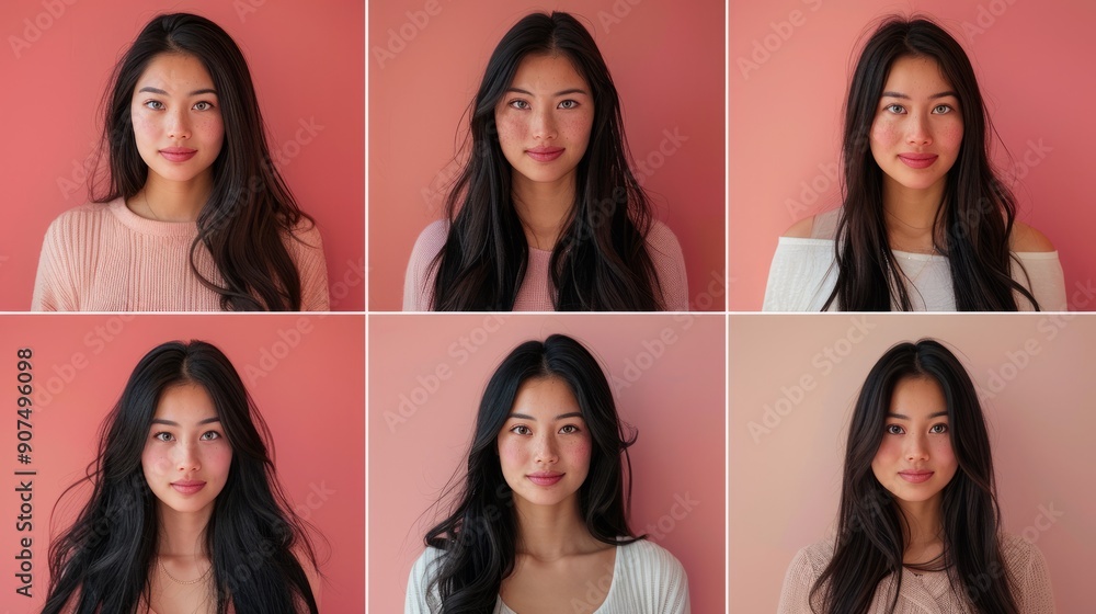 It's a six-panel collage of a very beautiful European Xinjiang woman, 25 years old, with thin lips, a pointed nose, clear skin, long dark hair, natural makeup, and a friendly demea It's a six-panel collage of a very beautiful European Xinjiang woman, 25 years old, with thin lips, a pointed nose, clear skin, long dark hair, natural makeup, and a friendly demea