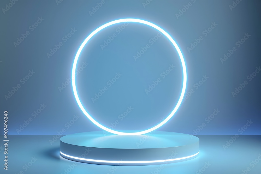 White glowing light ring around podium, abstract background for product presentation. White glowing light ring around podium, abstract background for product presentation.