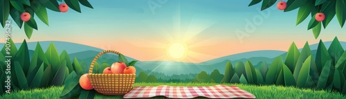 A serene picnic scene with a basket of apples, green fields, and a sunrise illuminating the horizon. Perfect for outdoor themes.