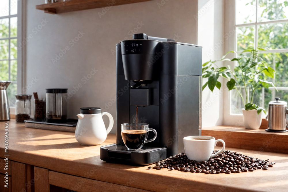 Black coffee machine with cup on counter in kitchen Black coffee machine with cup on counter in kitchen