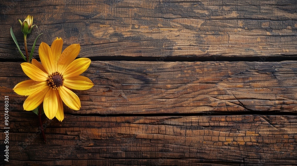 Fototapeta premium Yellow flower on wooden table with space for text