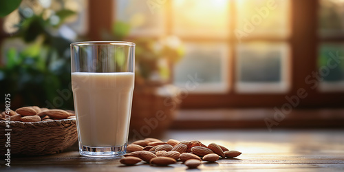 Glass of almond milk on a neutral beige surface. Image generated by AI