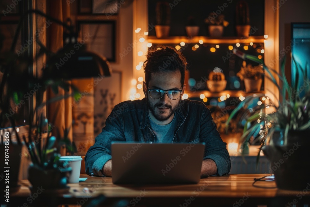 Cozy home office setup with laptop and coffee cup Cozy home office setup with laptop and coffee cup