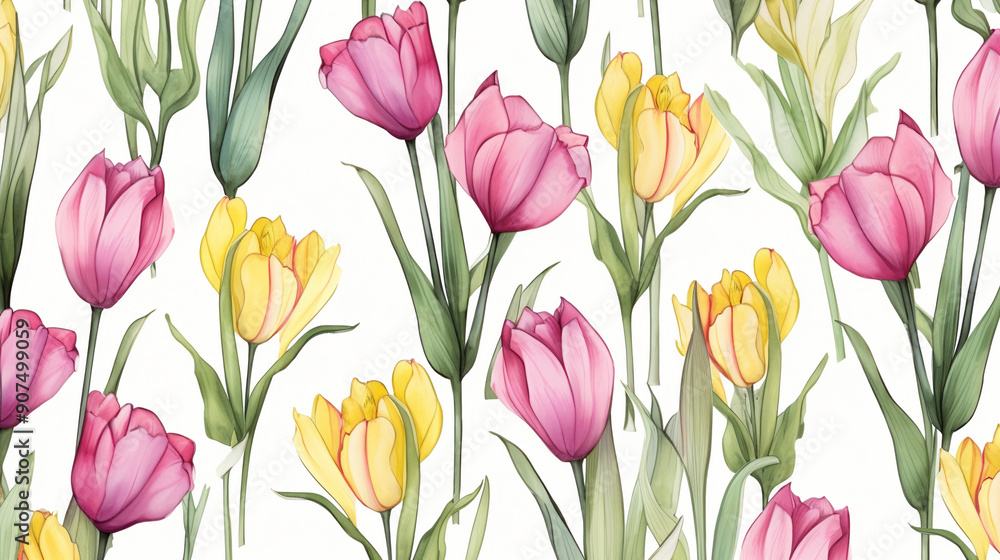 A seamless pattern with pastel pink and yellow tulips, lavender flowers on a white background, patterns, background, wallpaper. A seamless pattern with pastel pink and yellow tulips, lavender flowers on a white background, patterns, background, wallpaper.