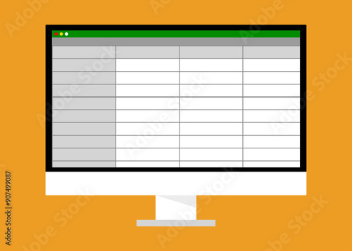 vector image of a computer with a screen displaying a spreadsheet program, minimal illustration