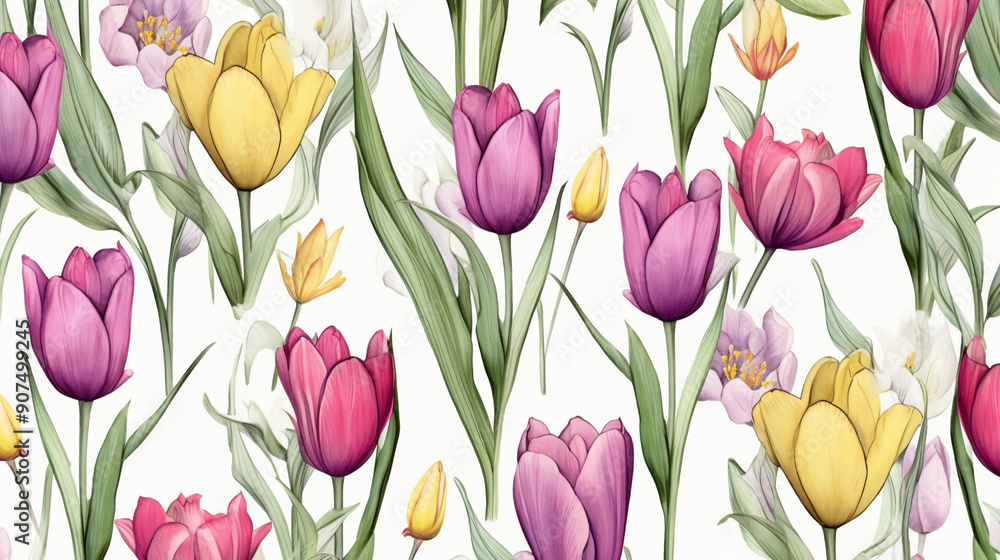 A seamless pattern with pastel pink and yellow tulips, lavender flowers on a white background, patterns, background, wallpaper. A seamless pattern with pastel pink and yellow tulips, lavender flowers on a white background, patterns, background, wallpaper.