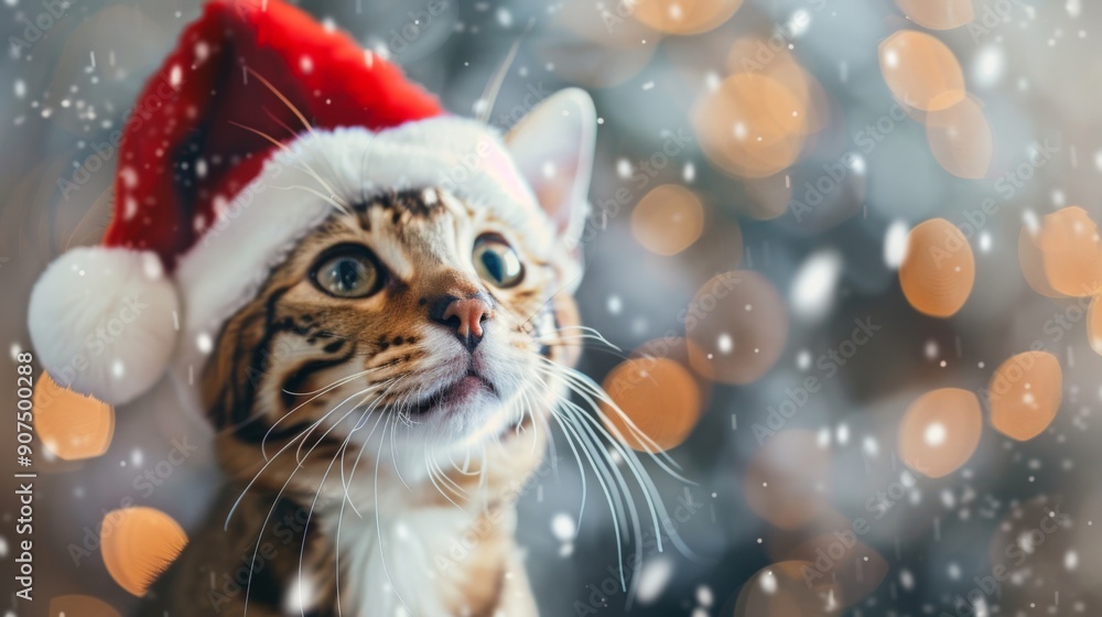 Festive Bengal Cat in Santa Hat Surrounded by Christmas Lights and Snowflakes for Holiday Greeting Cards Festive Bengal Cat in Santa Hat Surrounded by Christmas Lights and Snowflakes for Holiday Greeting Cards