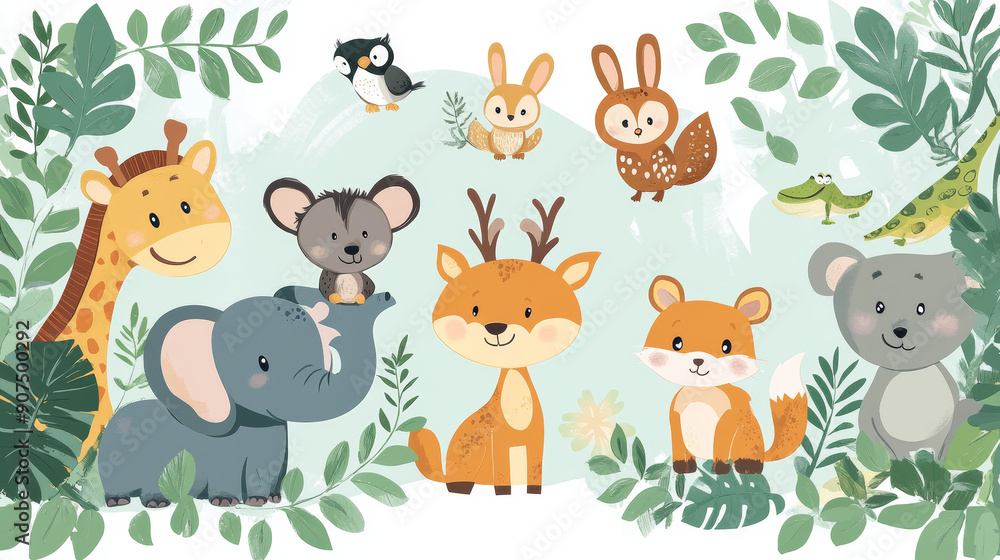 Obraz premium Adorable jungle animals are shown in this cute illustration. A bear, elephant, tiger, lion, fox, giraffe, rabbit, deer, crocodile, owl, monkey, and hippo can all be seen.
