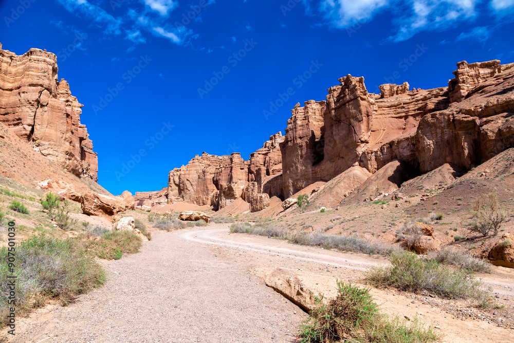 Fototapeta premium Great Charyn Canyon, Almaty, Kazakhstan. Valley of Castles. Bright blue sky with white clouds over a desert canyon on a hot, sunny day with sparse vegetation. Without people