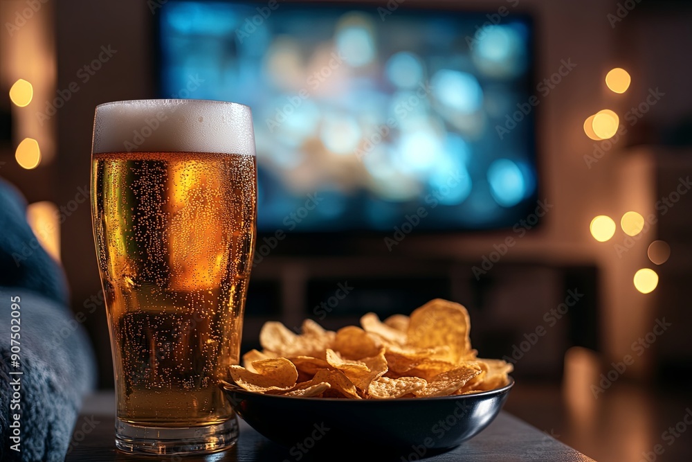 Enjoying a relaxing evening with snacks and refreshing beverage while watching television Enjoying a relaxing evening with snacks and refreshing beverage while watching television