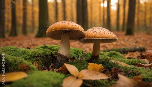 Nestled in the forest, mushrooms with orange caps emerge through a bed of colorful autumn leaves, capturing the essence of the changing season