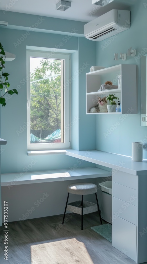 Modern bathroom with white vanity and a cute dog on the shelf. Modern bathroom with white vanity and a cute dog on the shelf.