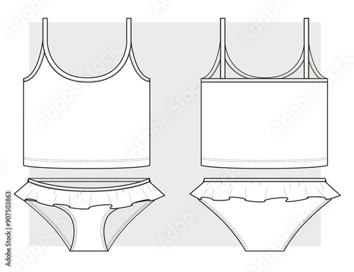Two-piece swimsuit with tank top and frill on swimming trunks. Technical sketch. Vector illustration.
