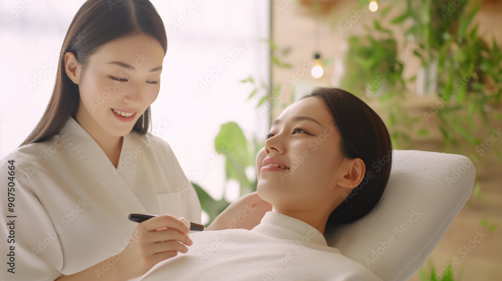 A performing a facial treatment on a client, smiling and engaging with the client in a well-lit, calming spa room A performing a facial treatment on a client, smiling and engaging with the client in a well-lit, calming spa room