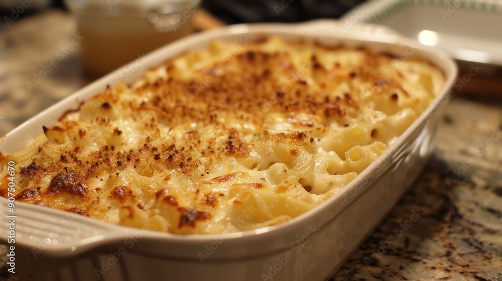 Creamy Macaroni and Cheese in a White Baking Dish Creamy Macaroni and Cheese in a White Baking Dish