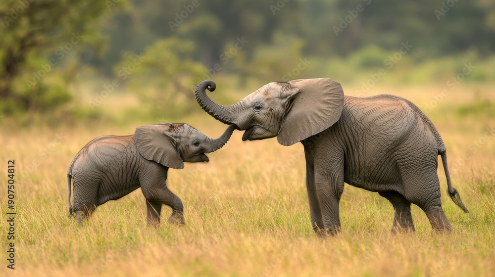 Fototapeta premium Baby elephant plays in the grasslands with its mother.