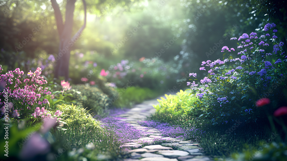 Fototapeta premium Serene Garden with Soft Bokeh Purple Lilac Gradient Sky