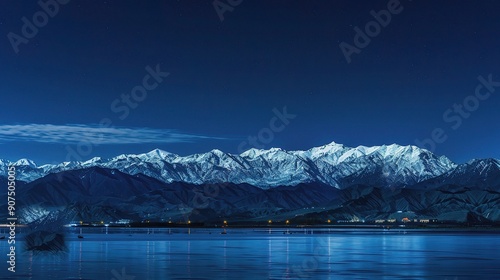 The Magnificent Snow-Capped Mountains Against the Blue Sky Background at Night in Rizhao Jinshan. A Stunning Natural Sight that Evokes Peace and Awe. The Beauty of Nature in Its Pristine Form. photo