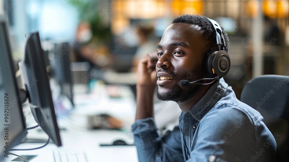© Ameer - Professional black male customer service representative working in a call center office, providing telemarketing and CRM support while consulting on a headset
