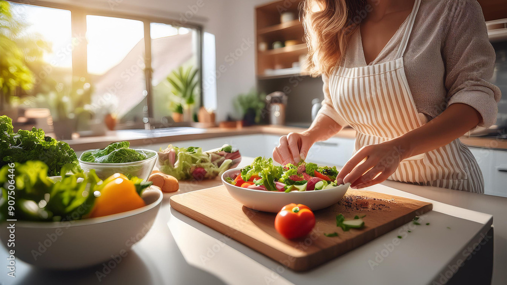 Woman preparing salad in the modern kitchen Woman preparing salad in the modern kitchen