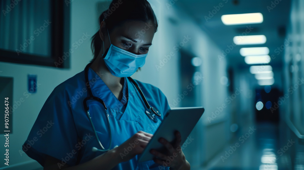 A nurse with a mask on using an tablet, mostly dark blue and clean light