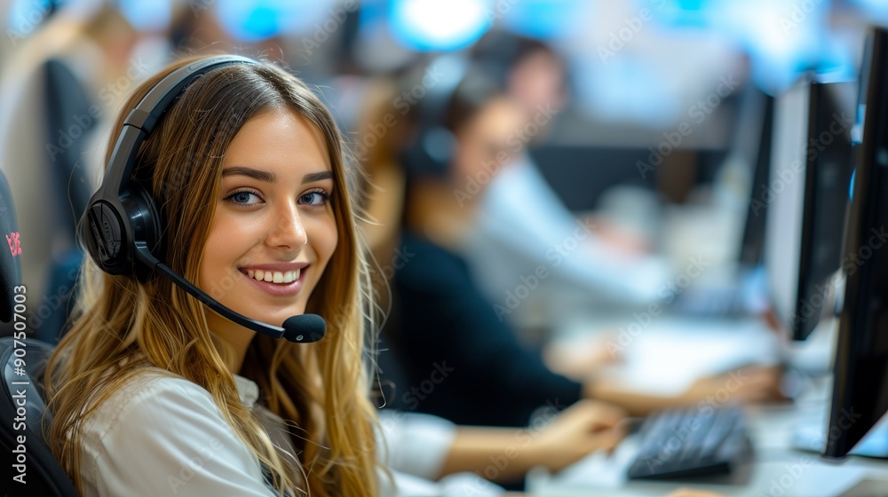 Efficient call center worker collaborating with team members in a modern customer service environment for seamless communication and support Efficient call center worker collaborating with team members in a modern customer service environment for seamless communication and support