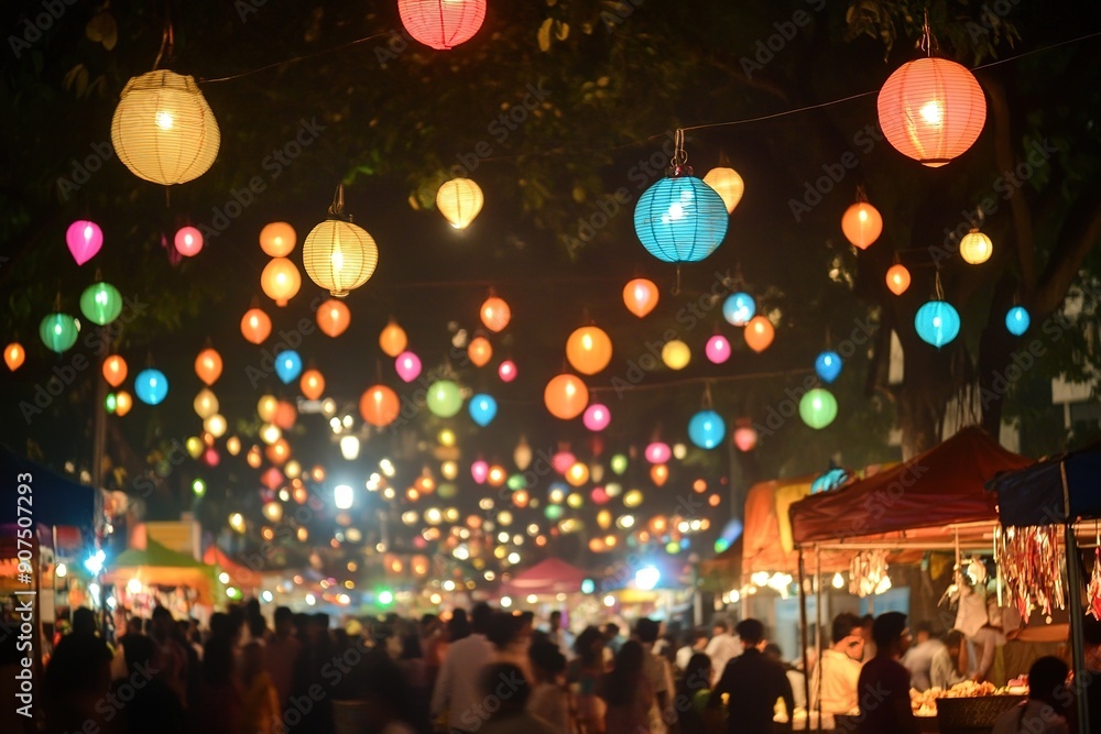 An Indian festival fair during Deepavali with food stalls, games, and colorful lights with copyspace and a lively crowd. An Indian festival fair during Deepavali with food stalls, games, and colorful lights with copyspace and a lively crowd.