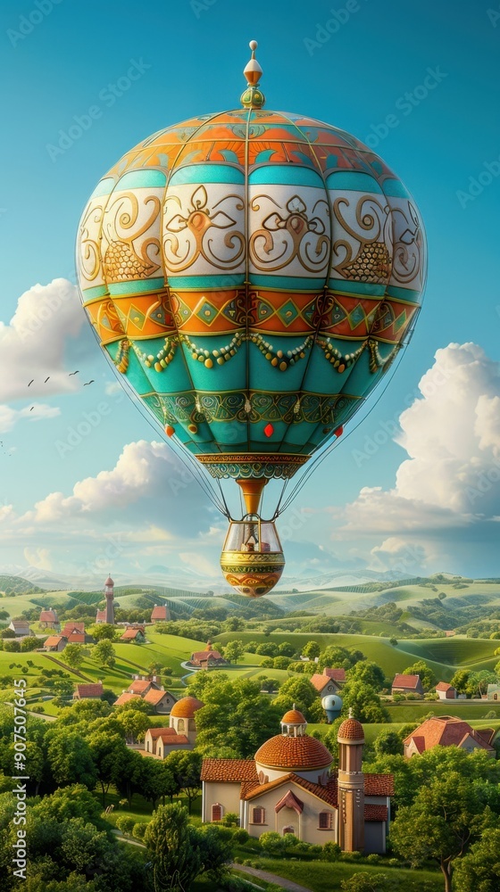 Fototapeta premium Majestic Hot Air Balloon Over Rural Landscape