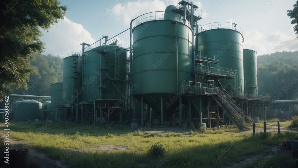 Towering green storage tanks rise peacefully against a backdrop of vibrant trees as morning light casts a gentle glow on the secluded industrial site Towering green storage tanks rise peacefully against a backdrop of vibrant trees as morning light casts a gentle glow on the secluded industrial site