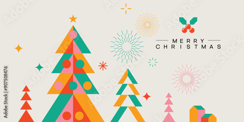 Merry Christmas modern minimalist geometric style. Christmas tree with geometrical pattern, gift boxes and Christmas decorations elements. Vector illustration.